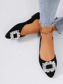 Kleine Größe halbe Größe Daunen, Mädchen Quadrat Schnalle Spitzer Zehenbereich Niedriger Absatz Ballerinas - Leichtgewichtig & Bequem, Für alle Jahreszeiten geeignet, Vielseitig, Elegant & Charmant, Anmutig - Funkelnde Strass Blendend, Klassisch & Zeitlos