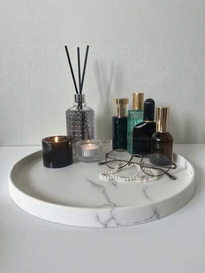 1 Stück Premium Silikon Waschtisch Tablett mit Marmoroptik - rutschfester Badezimmer Waschtisch für Hautpflege/Kosmetik, tragbares ästhetisches Display für Kerzen und nordischen Stil Wohndekoration