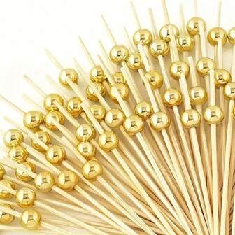100pcs Elegant Bamboo Fruit Picks With Gold Bead Tops - Perfect For Appetizers, Drinks, Fruits, Hors D'oeuvres And Weddings, Wedding Decor | Chic Gold Bead Fruit Forks | Durable Bamboo Sticks For Fruit Platters And More