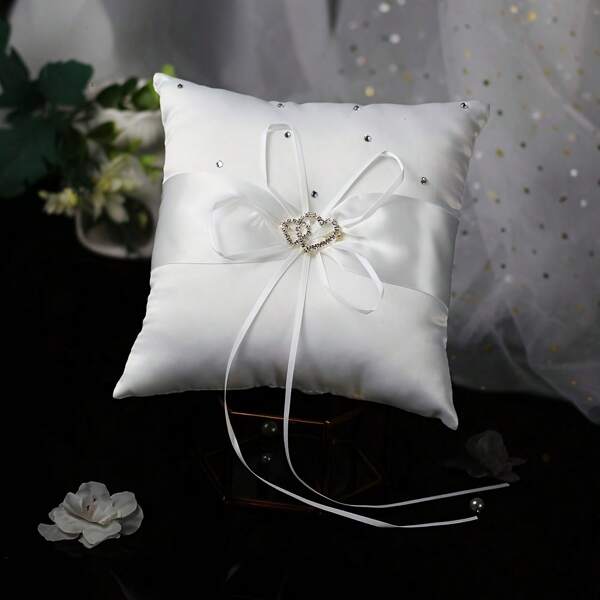 1 pieza de Almohada cuadrada blanca de estilo europeo sencilla para anillos de boda, con un lazo de doble corazón, adecuada para colgar anillos