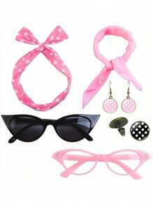 D EXCEED 6PCS Vintage 1950s Women's Accessory Collection | Retro-Inspired Prop Cat-Eye Glasses, Scarf Collar Headbands & Silk Hair Scarves With Polka Dot Stud Earrings - Perfect For Vintage-Themed Parties & Events