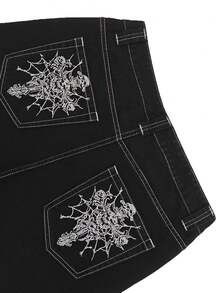 Straight Leg Wide Leg Washed Loose Casual Embroidery Jeans - Black - View 8