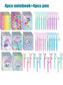 2/4/8/16 Pièces Faveurs de fête de la Sirène, Mini Cahiers Spirales de Sirène et Stylos Queue de Poisson, Cadeau de Récompense, Cadeaux d'Anniversaire (Aléatoire)