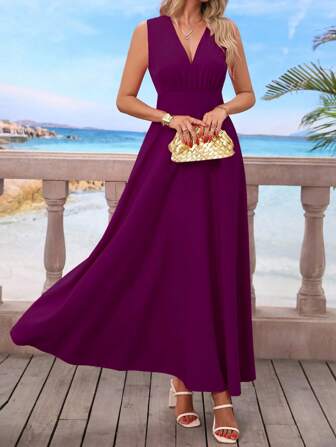 女式无袖 V 领收腰 A 字连衣裙，休闲舒适户外夏季连衣裙