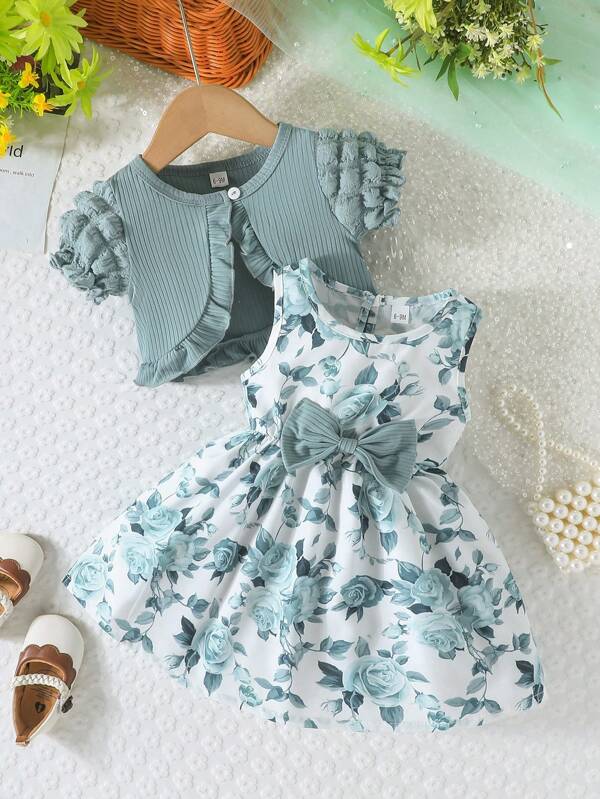 2pcs Baby Girls Cute Floral Print Dress With Puff Sleeve Cardigan Outfit Set, Daily & Vacation Wear