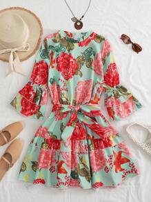 1pc Women's Floral Print Round Neck 3/4 Sleeve Double Layer Ruffle Waist Tie Short Dress, Bohemian Dress, Hawaiian Style, Graduation Party, Concert