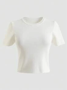 Women's Solid White Short Sleeve Basic Knit Crop T-Shirt, Soft High-Stretch Casual Minimalism Round Neck Tees For Daily Wear &Commute, Spring/ Summer - White - View 6