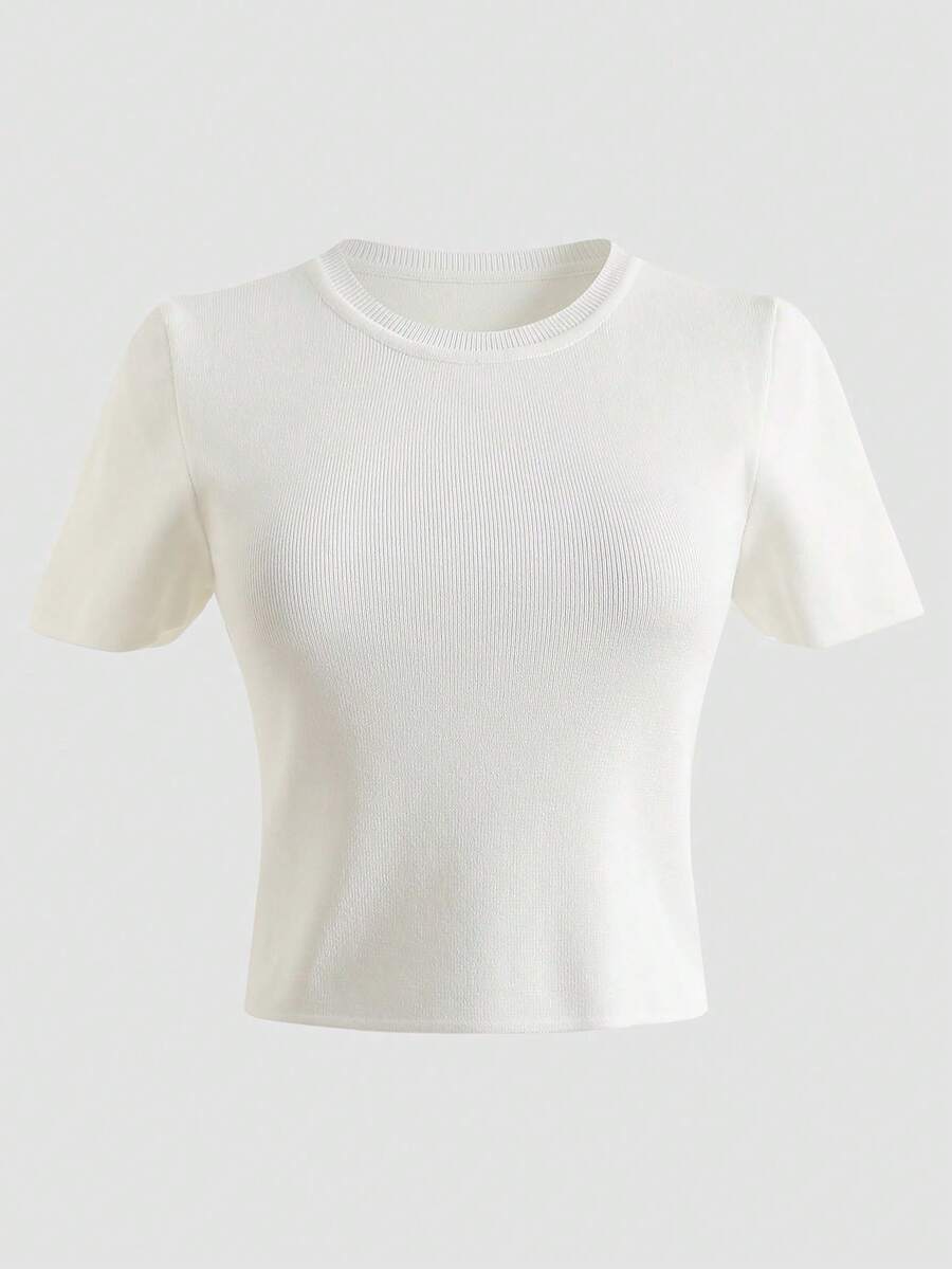 Women's Solid White Short Sleeve Basic Knit Crop T-Shirt, Soft High-Stretch Casual Minimalism Round Neck Tees For Daily Wear &Commute, Spring/ Summer - 白色 - 查看 1