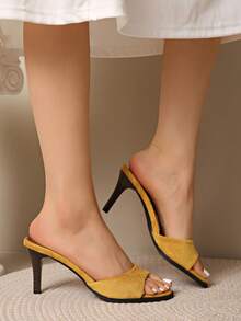 New Summer Women Shoes, Square Toe High Heel Mule Sandals - Yellow - View 2