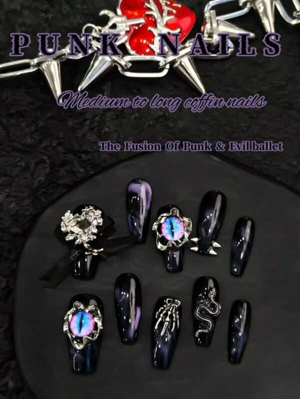 Original Design, Handmade, 10 Junk Punk Nails, Medium Length Coffin Shaped Nails, Black Cat Eye Nail Art (Fusion Color Nail Art), Snake Year (Snake Element) Nail Art, Black Element Nail Art, Hot And Spicy Junk Punk Girl Cyberpunk Metal Heavy Black (Fusion Color) Nail Set, Suitable For Women And Girls To Wear At Daily Holiday Parties To Enhance Your Appearance, Press Nails