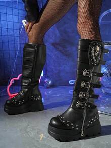 Women's Gothic Thick Sole Mid-Calf Boots With Skull Buckle, Punk Style Sexy Rider Boots, Fashion Ladies Boots - Black - View 6