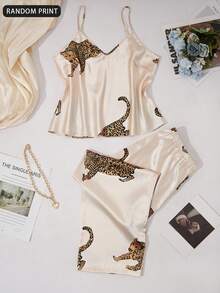 2pcs Leopard Print Comfortable V-Neck Camisole & Pants Pajama Set - Champagne - View 2