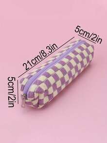 1 件格纹铅笔盒，返校，学校用品，铅笔袋，书包 - 棕色 - 查看 18