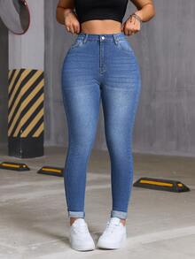 Autumn Casual Distressed Pocket Skinny Denim Jeans High Waist Roll Up Hem Skinny Jeans