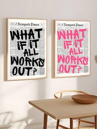 1 件现代黑白报纸美学帆布海报，如果一切顺利会怎样？墙面艺术，积极肯定，励志名言，印刷画，粉色黑白报纸墙面艺术，房间装饰，卧室装饰