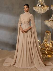 Faeriesty Abaya 优雅长袖串珠晚礼服，搭配飘逸的 A 字裙 - 柔软雪纺礼服，适合婚礼宾客和豪华宴会（及地设计）