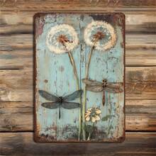 [Rustic Wooden Dandelion Wall Sign] Rustic Wooden Dragonfly And Dandelion Wall Art, 8x12 Inches - Antique Metal Decorative Sign With 3D Insects, Farmhouse Style For Kitchens And Cafes