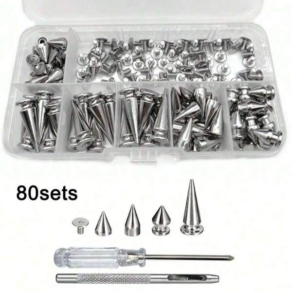 80 Sets Pointed Bead Screw Rivet, Punk Spikes And Studs Kit, Metal Tree Spikes Studs For Leathercraft And Punk Style Clothing Accessories DIY Craft Decoration