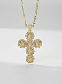 1 pieza Collar colgante con cruz de Jesús de 14K color oro, estilo europeo y americano, hipoalergénico, con relieve en capas e incrustación de cobre y circonita, adecuado como regalo para madres, San Valentín, parejas, amigos, cristianos, para uso diario, festivales y oración