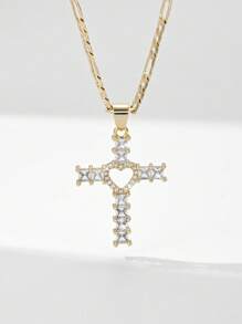 1 pieza Collar colgante con cruz de Jesús de 14K color oro, estilo europeo y americano, hipoalergénico, con relieve en capas e incrustación de cobre y circonita, adecuado como regalo para madres, San Valentín, parejas, amigos, cristianos, para uso diario, festivales y oración