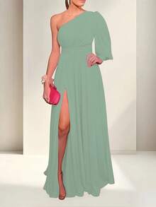 Vestido Elegante Dama De Calidad Con Pierna Descubierta Color Solido Ideal Para Fiestas, Boda o Oficina - verde menta - Ver 2