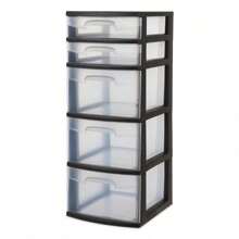"5-Drawer Storage Tower With Black Frame And Clear Drawers – Space-Saving Organizer Unit"