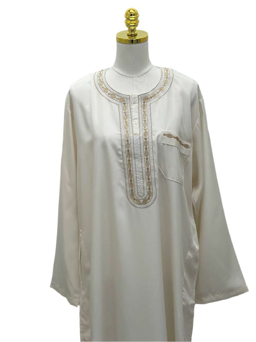 Elegant Multi-Color Thobes With Gold Embroidery - Cream - View 1