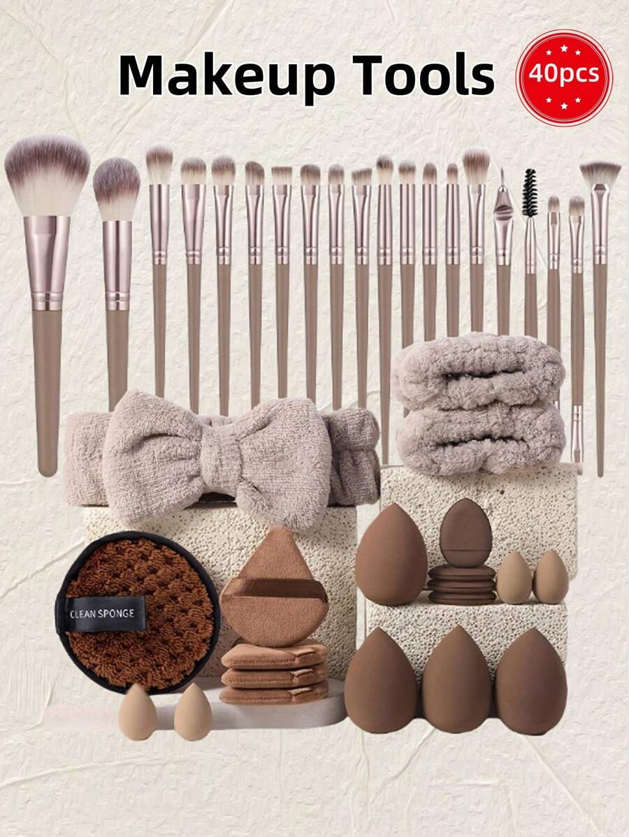 40 PEÇAS Conjunto de Ferramentas de Maquiagem Incluindo [Presente]: 20 Peças Conjunto de Pincéis de Maquiagem + 4 Peças Esponjas de Maquiagem + 4 Peças Mini Esponjas de Maquiagem + 4 Peças Borlas de Pó Triangulares + 4 Peças Mini Almofada de Pó Almofada de Ar + 1 Peça Esponja de Limpeza Facial + 1 Peça Faixa de Cabelo + 2 Peças Alça de Tigela Manual para Evitar que a Água Entre nas Roupas