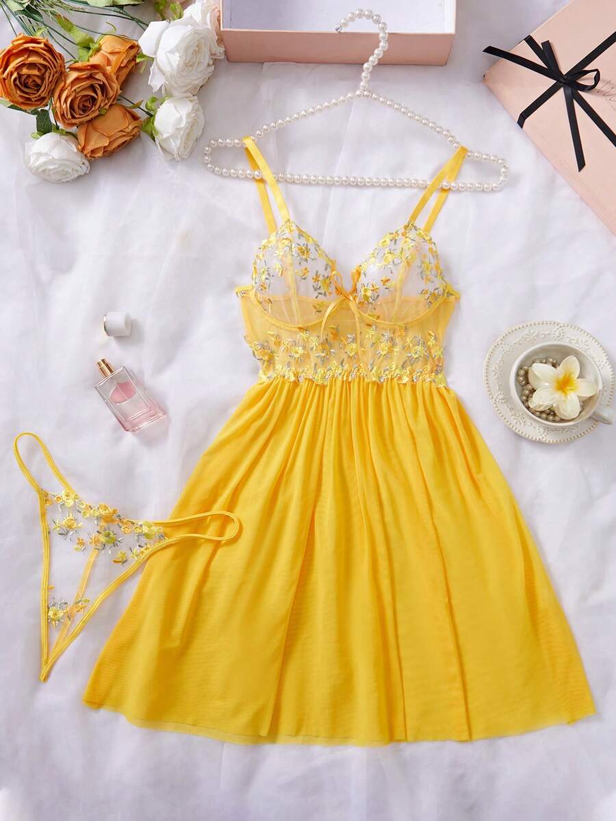 Women Solid Mesh & Contrast Lace See-Through Slip Dress, Sexy And Fashionable, Rave - Yellow - View 1