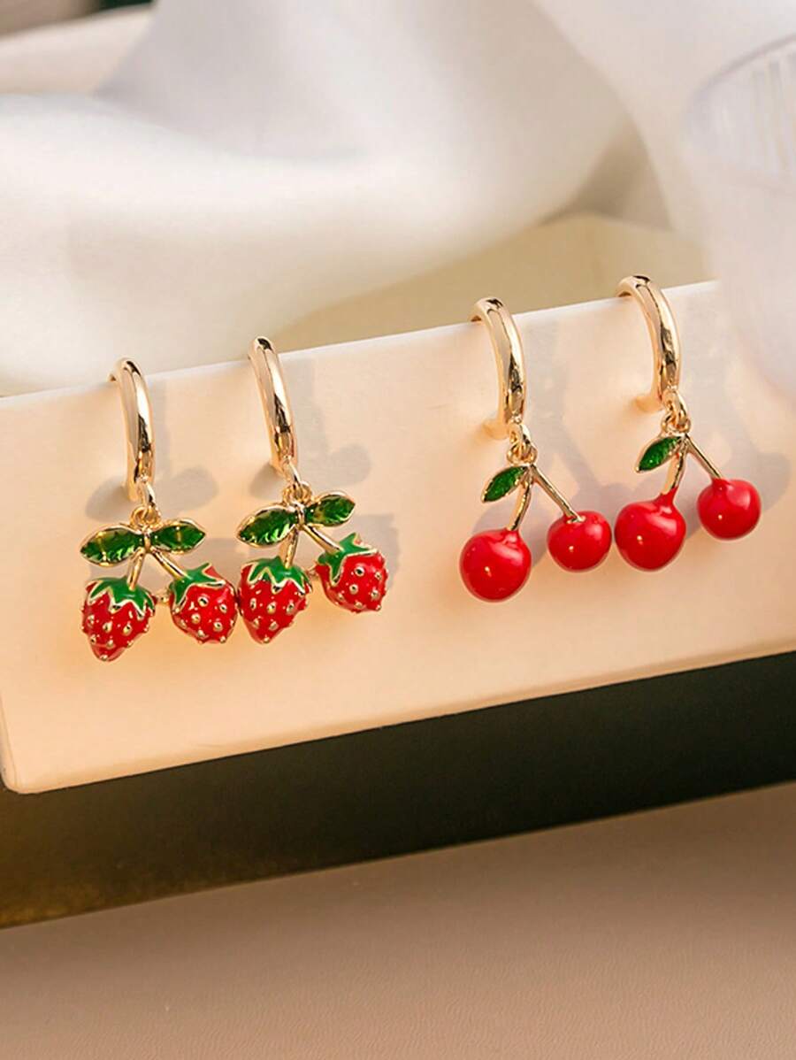 2 pares de aretes tipo botón con diseño de cereza y fresa, accesorios alegres - apropiados para uso diario y fiestas