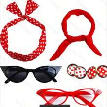 D EXCEED 6PCS Vintage 1950s Women's Accessory Collection | Retro-Inspired Prop Cat-Eye Glasses, Scarf Collar Headbands & Silk Hair Scarves With Polka Dot Stud Earrings - Perfect For Vintage-Themed Parties & Events