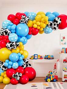 102pcs Latex Balloon Arch Set, Cloud & Cow Print Latex Balloons In Red, Blue, Yellow, For Birthday Party, Farmhouse Theme, Toy Inspired Decoration - Multicolor - View 1