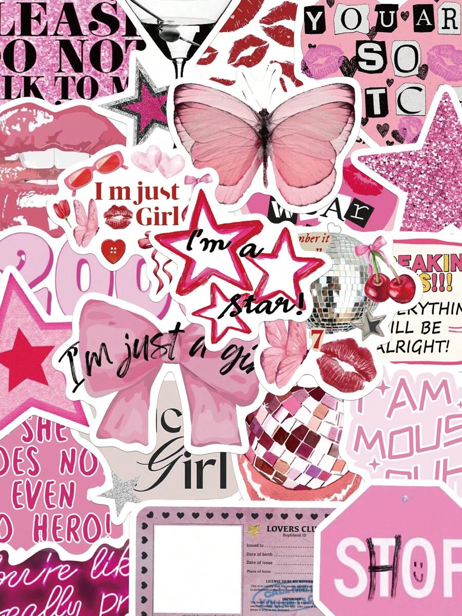 50 Stück rosa Y2K Mädchen Aufkleber wasserdicht PVC Geschenk Cartoon Dekoration Sammelalbum Laptop Koffer Gitarre Wasserflasche Handy Hülle DIY Aufkleber, Schulmaterial, Schulstart