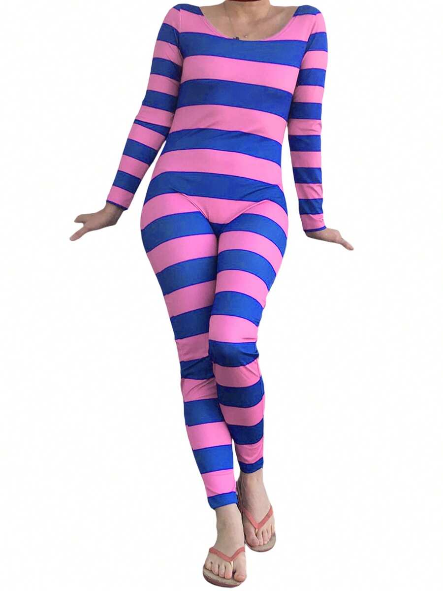 Women's Cheshire Cat Halloween Costume Pink Purple Striped Long Sleeve Jumpsuit Cosplay Outfit - Purple - View 1