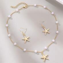 1pc Necklace & 1 Pair Earrings Fashion Elegant Simple Faux Pearl & Starfish Shell Design Jewelry Set, Suitable For Beach, Travel, Holiday, Summer Wear