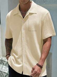 Men's Textured Jacquard Short Sleeve Shirt, Breathable Quick-Dry Casual Beach Casual Shirt Suitable For Daily Wear