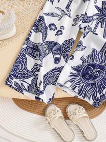 2 peças/Conjunto Casual de Meninas Pré-adolescentes com Laço e Conjunto de Calça Reta de Cintura Alta, Adequado para Férias na Praia, Verão