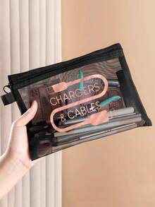 玫瑰金网格化妆包带数据线图案，红色气垫收纳便携式收纳包，化妆包，护肤包，旅行必需品，宿舍用品，婚礼新娘礼物，母亲礼物，生日礼物，送给朋友和老师的礼物，浴室收纳，珠宝收纳，唇油和化妆品收纳包 - 彩色 - 查看 4