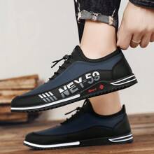 Men Casual Sports Shoes, Business Casual Shoes New Style With Elastic Adjustable Laces, Comfortable PU Leather Upper, Waterproof & Dirt-Resistant, Solid Color & Letter Print, Slip-On Loafers, Casual Outdoor Sneakers, Daily Office Wear, Hangout, Party, Simple Low-Top Flat Shoes