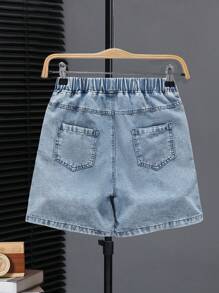 1 pieza Shorts vaqueros de lavado claro de pierna recta casual y vintage para niños preadolescentes