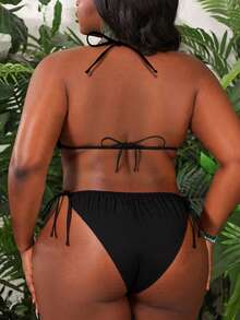 Slaydiva Summer Beach Plus Size Mono Bikini Set Halter Triangle Bra & Tie Side Bikini Bottom 2 Pieces Bikini - Black - View 2