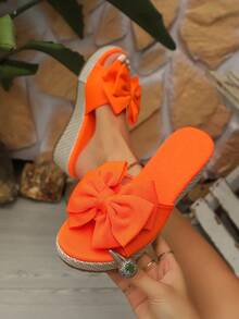 Women's New Woven Double Strap Bow Decor Wedge High Heel Sandals, Sweet Open Toe Bowknot Thick Bottom Platform Espadrille Wedge Heel Slip-On Sandals, Solid Colors In Red, Black, White - Orange - View 4