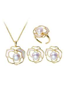 Set di 3 pezzi composto da orecchini, collana e choker eleganti da ragazza, decorati con fiori di camelia e perle, un regalo delicato