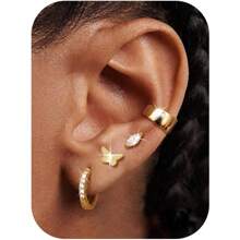 IRONBOX 4 perechi cercei mici din aur pentru femei, hipoalergenici, placați cu aur de 14K, seturi de cercei groși pentru piercing-uri multiple, cercei delicați, set de bijuterii drăguțe din argint pentru cartilaj, cadouri