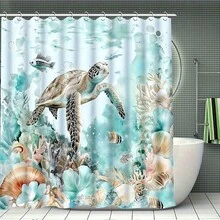 1/4 Pcs Set Bathroom Sea Turtle Shower Curtain, Blue-Green Ocean Beach Coastal Decor Shower Curtain Gift, Modern Home Bathroom Decor Curtain And Rug Set With 12 Hooks Bathroom Accessories Back To School - Multicolor - View 7