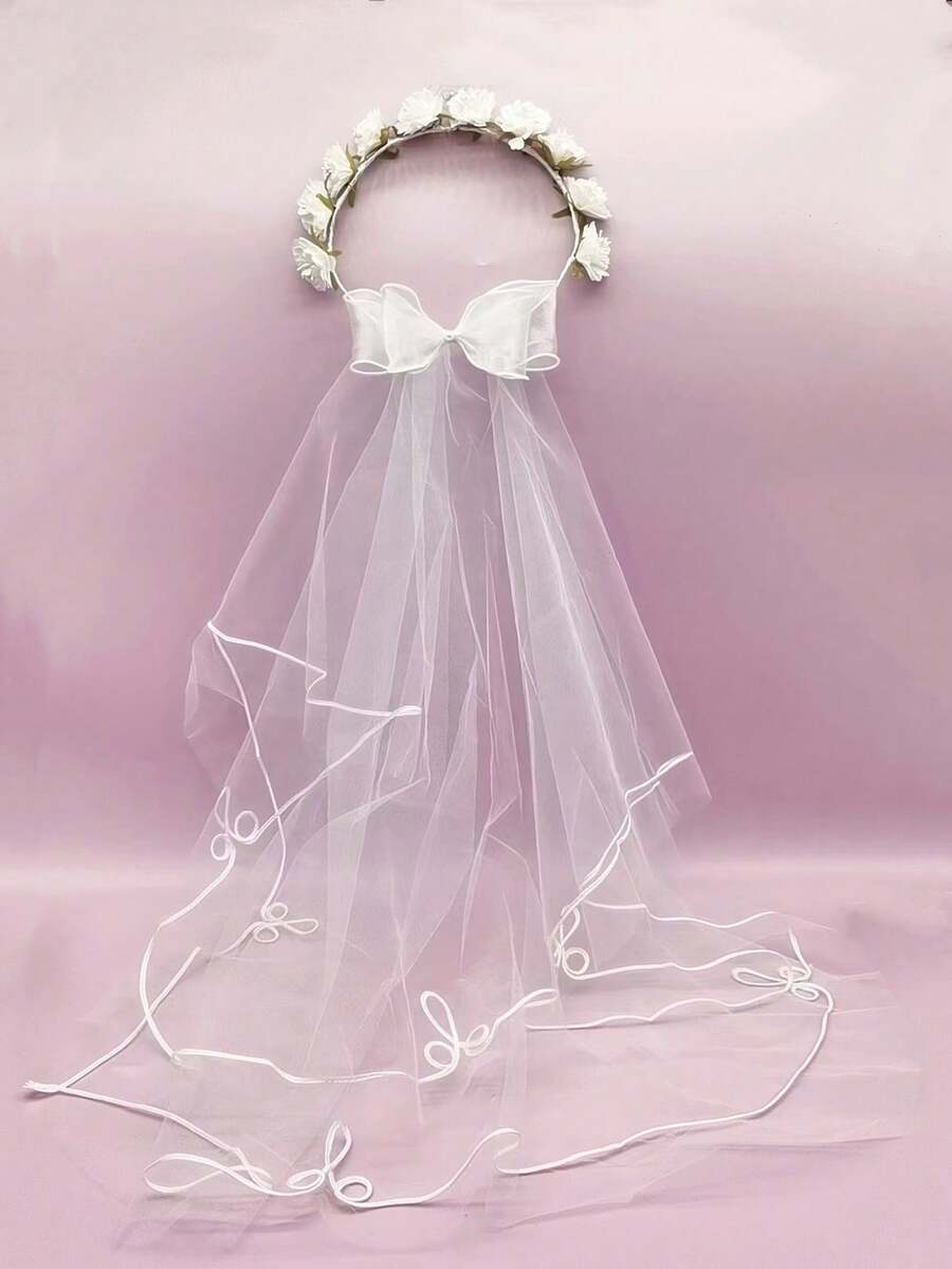 1 chiếc băng đô cài tóc hai lớp hình nơ hoa cho nữ, đính ngọc trai giả, phụ kiện cài tóc cô dâu/đám cưới thanh lịch, phụ kiện chụp ảnh công chúa cổ tích rừng xanh, phụ kiện ngày Valentine. - trắng - Xem 1