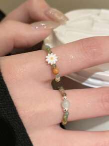 2 Pares de Anéis Elásticos com Contas de Pedra Natural e Flor de Margarida, Adequados para Uso Diário, Férias e Presentes para Mulheres