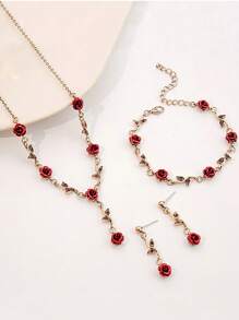 Conjunto de 4 peças de colar, pulseira e brincos vintage com design de folhas e flores de liga, presente e uso diário