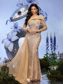 Champagne Sequin Beaded Long Sleeve Fitted Evening Gown, Suitable For Formal Dinners, Galas, Cocktail Parties (Highly Decorative) Wedding Spring Party - Champagne - View 4