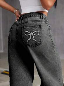 Teen Girl Fashion Streetwear Style, Bow Embroidered Detail, Casual Wide Leg Elastic Waist Jeans